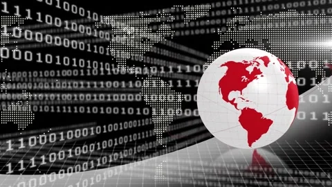 Animation of digital globe rotating over world map and binary codes moving in Stock Footage 202331394