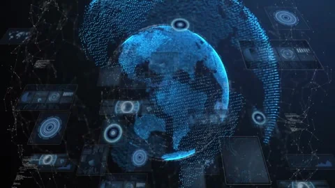 Animation of digital globe surrounded by data and technology interface elements Stock Footage 327708291