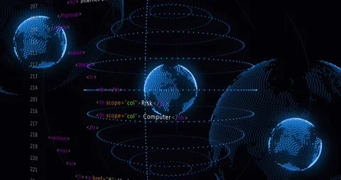 Animation of digital globes with fingerprint rotating against programming Stock Footage 329863550