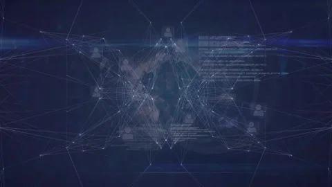 Animation of digital globes with profiles and programming codes on abstract Stock Footage 330051765