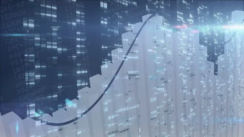 Animation of digital graph rising over cityscape with glowing lights and data Stock Footage 305058387