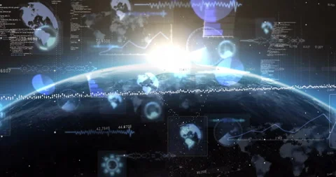 Animation of digital graphics overlaying Earth with global data analytics in Stock Footage 303555962