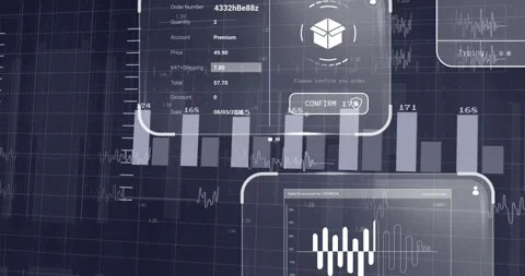 Animation of digital graphs overlaying financial data interface on computer Stock Footage 329033699