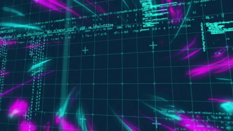 Animation of digital grid with coding text and vibrant neon light streaks Stock Footage 305059500