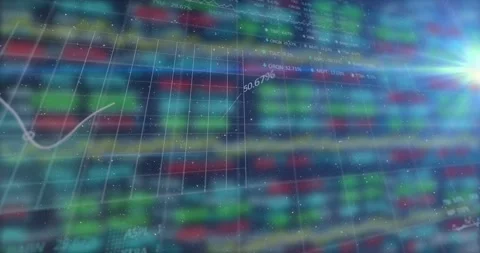 Animation of digital grid pattern with line graph and trading board against 스톡 동영상 330474993