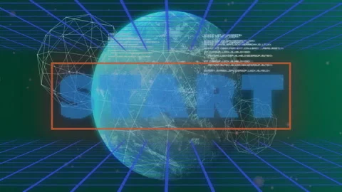 Animation of digital grid with START text on globe, futuristic technology Stock Footage 304840219