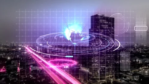 Animation digital hologram scanning technology of modern city concept Stock Footage 72459490