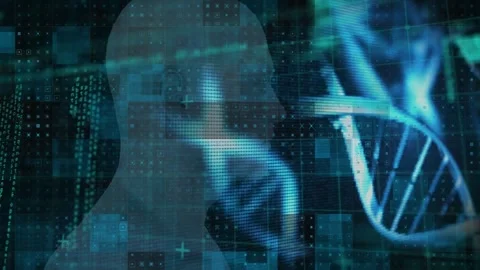Animation of digital human and close-up of dna helix with programming language Stock Footage 327357953
