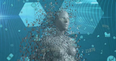 Animation of digital human and floating application icons, numbers, wave pattern Stock Footage 329775107