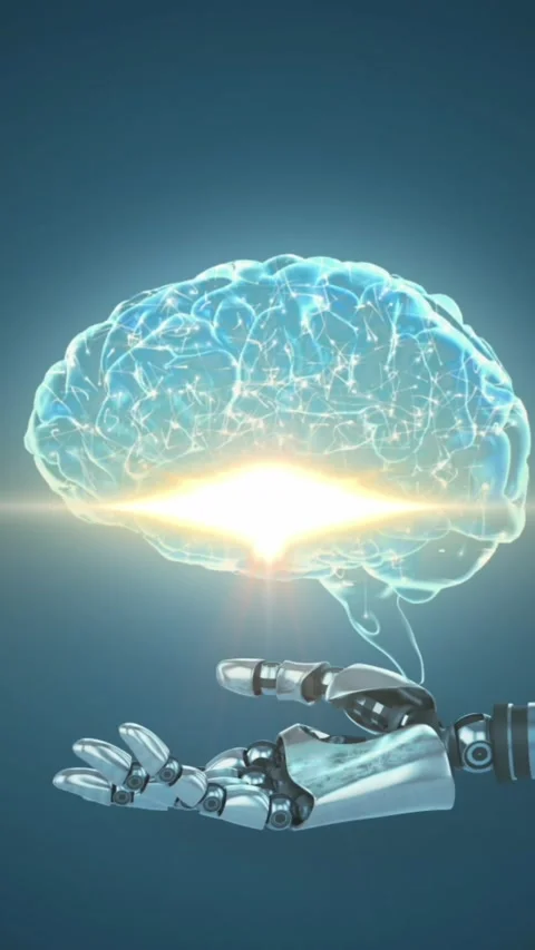 Animation of digital human brain on robotic arm over lens flare against abstract Stock Footage 343548030