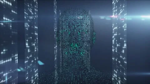 Animation of digital human head over moving columns on black background Stock Footage 329295718