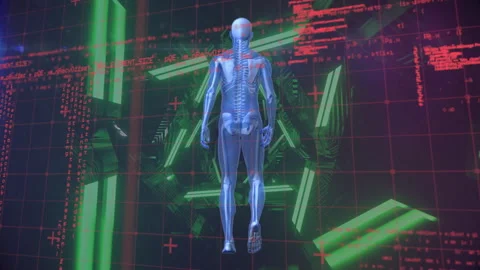 Animation of digital human model and data processing over neon shapes on black Stock Footage 309356030