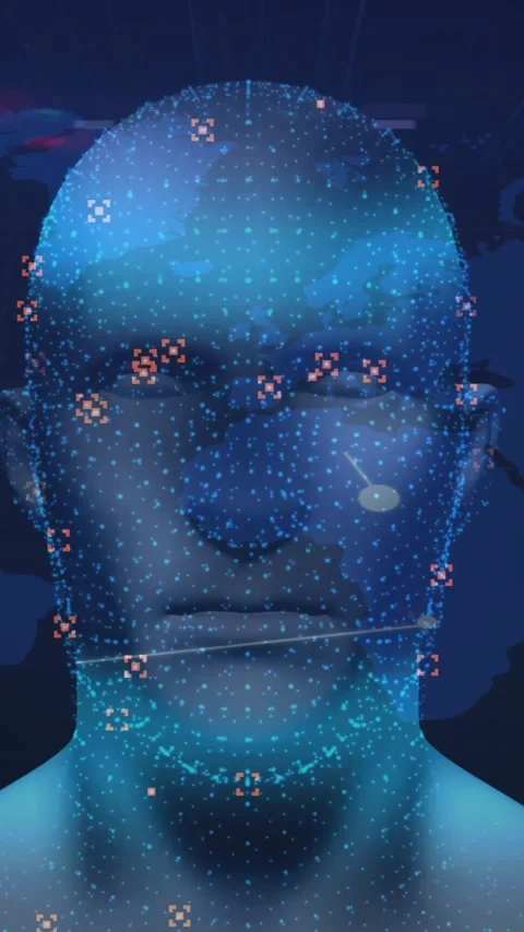 Animation of digital human model over scope scanning with world map on black Stock Footage 344803481
