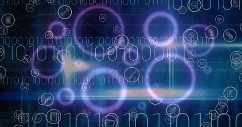 Animation of digital icons and binary coding over purple glowing circles in Stock Footage 152174508
