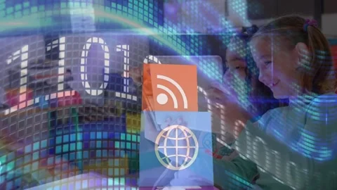 Animation of digital icons and binary coding over diverse girls using digital Video stock 201682992