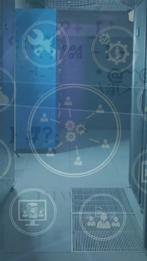 Animation of digital icons and changing symbols against computer server room Stock Footage 341991575