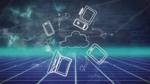 Animation of digital icons and cloud over glowing blue grid Stock Footage 328253759