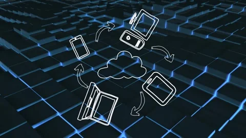 Animation of digital icons and cloud over glowing blue squares Stock Footage 329780796