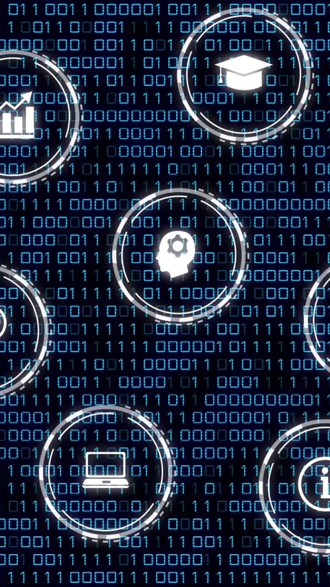 Animation of digital icons and data processing with binary coding Stock Footage 323897396