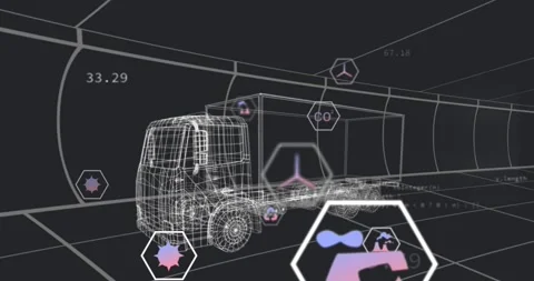 Animation of digital icons and data processing over 3d truck model over tunnel Stock Footage 327592531