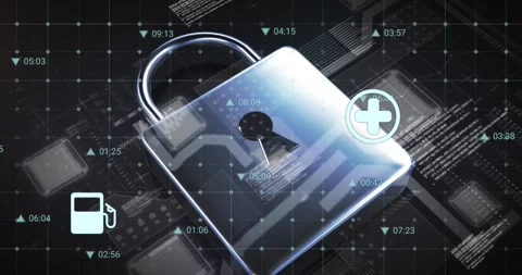 Animation of digital icons and data processing over security padlock icon Stock Footage 328411058