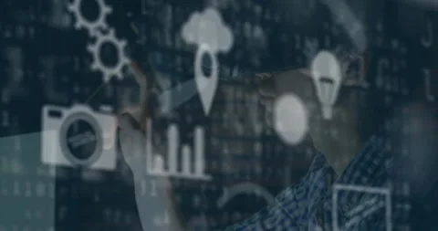 Animation of digital icons and data processing over caucasian man wearing vr Stock Footage 328588851
