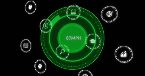 Animation of digital icons and data processing over speedometer on black Stock Footage 328595490