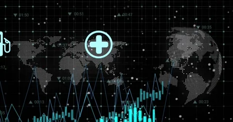 Animation of digital icons and data processing over world map and spinning globe Stock Footage 330114458