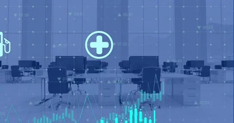 Animation of digital icons and data processing over grid network against empty Stock Footage 330251284