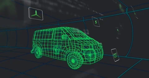 Animation of digital icons and data processing over 3d van model against tunnel Stock Footage 331014994