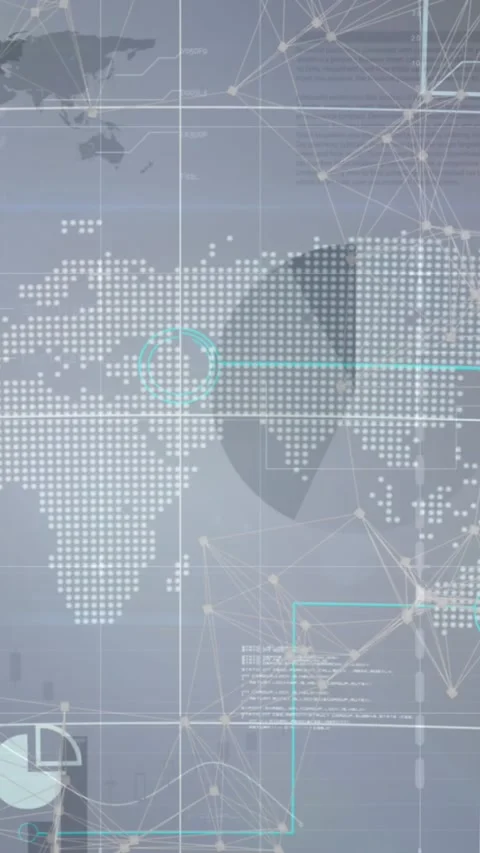 Animation of digital icons and data processing over world map on grey background Stock Footage 331643296