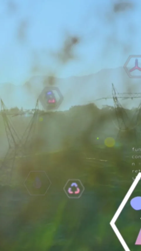 Animation of digital icons and data processing over power lines on field Stock Footage 342136552
