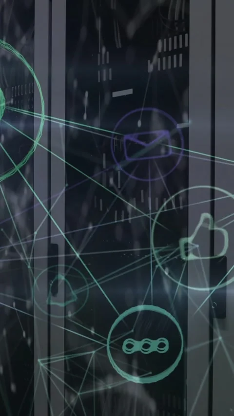 Animation of digital icons and data processing over computer servers Stock Footage 342812305