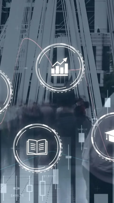 Animation of digital icons and data processing against time-lapse of people Stock Footage 344775179