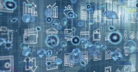 Animation of digital icons and multiple round scanners against computer server Stock Footage 203848035