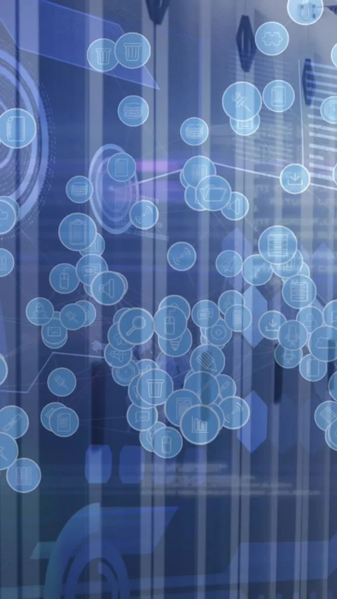 Animation of digital icons and scopes scanning over computer servers in Stock Footage 331646628