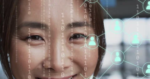 Animation of digital icons, binary coding data processing over asian Stock Footage 310303495