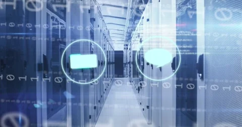 Animation of digital icons, data processing and binary coding against server Stock Footage 326301225