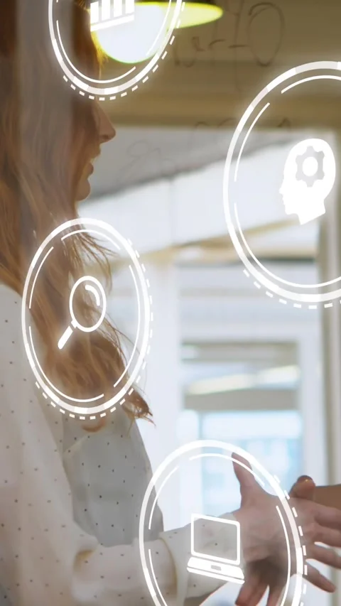 Animation of digital icons data processing over diverse business people in Stock Footage 344706695