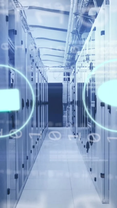 Animation of digital icons, data processing and binary coding against server 库存影片 344723474