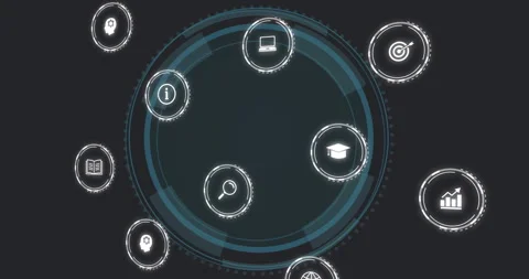 Animation of digital icons floating over circular interface design on dark Stock Footage 304203602