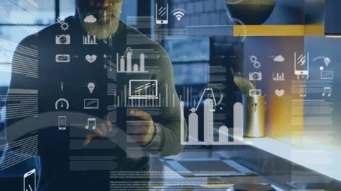 Animation of digital icons, graphs and codes moving over african american senior Stockbeeldmateriaal 202563354