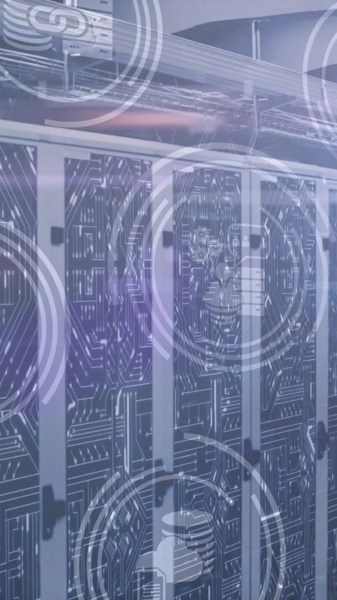 Animation of digital icons, light spot and microprocessor connections against 스톡 동영상 320921789