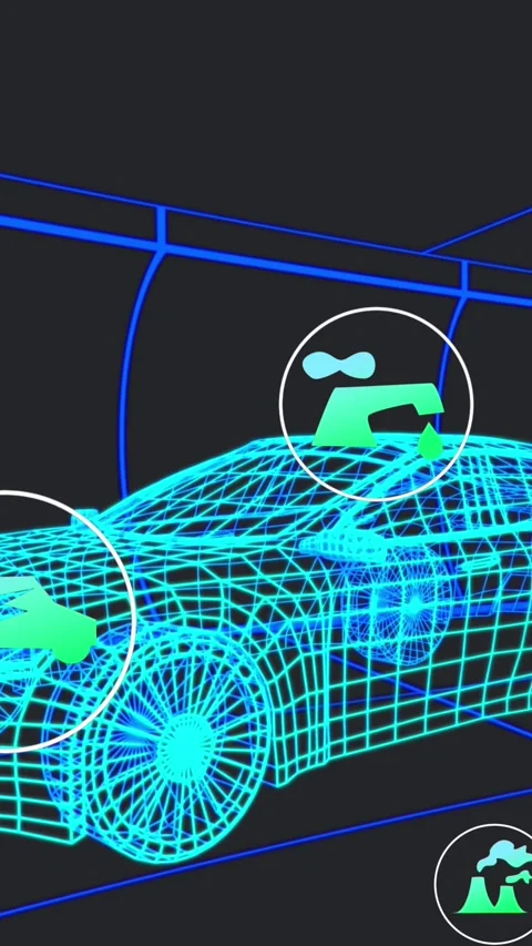 Animation of digital icons over 3d car model moving in seamless pattern against Stock Footage 344594501