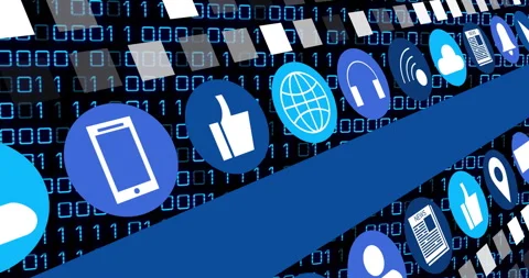 Animation of digital icons over binary code, showcasing technology and Video stock 304648680