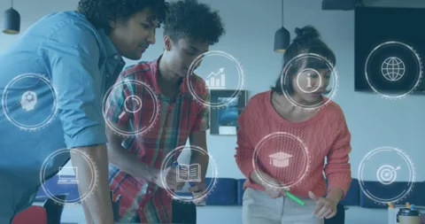 Animation of digital icons over diverse colleagues discussing over documents at Stock Footage 327003254