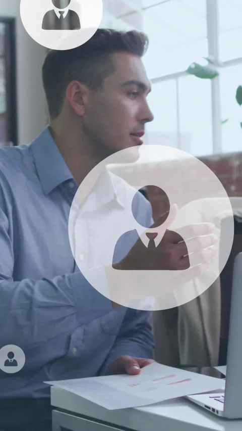 Animation of digital icons over diverse business people in office Stock Footage 344369549