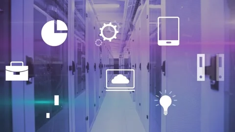 Animation of digital icons over empty office Stock Footage 330732672
