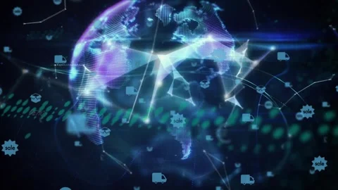 Animation of digital icons over globe of plexus networks spinning against blue Stock Footage 330469650