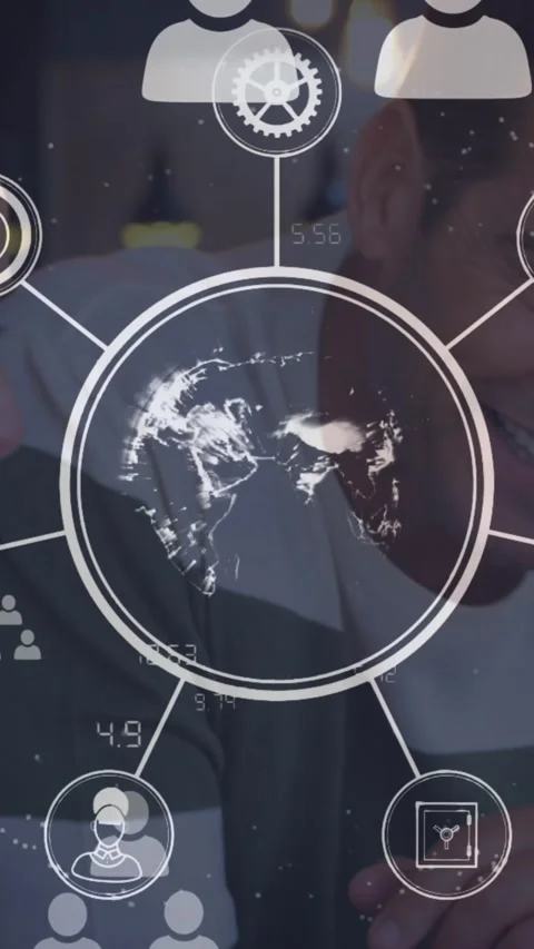 Animation of digital icons over globe against caucasian couple talking while Vídeo Stock 341927218